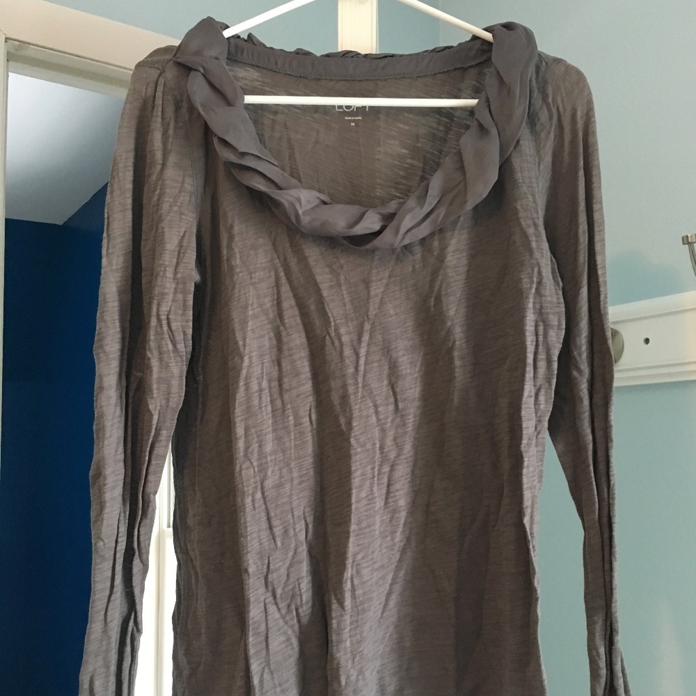 Loft Grey Ruffled Collar Top